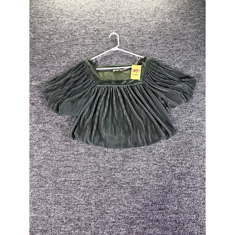 Entro Cropped Top Womens S Olive Green Pleated Puff Sleeve Square Neck Pullover